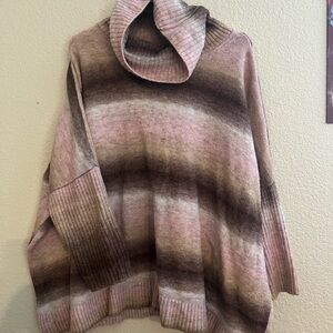 LOFT Pink and Brown Striped Cowl Neck Sweater